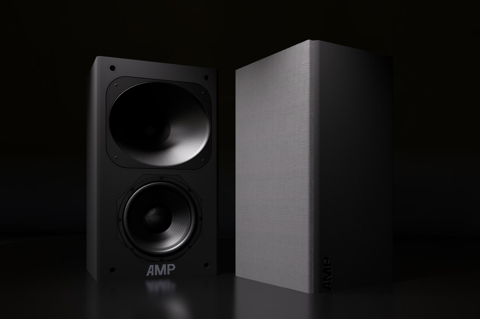 Two Cinema Pro 8 loudspeakers in black, one showing its horn and 8-inch driver, the other with its grille fitted